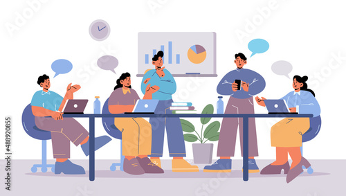 People on business meeting in office conference room. Concept of teamwork, communication in company, brainstorming and discussion in team. Vector flat illustration of people with speech bubbles