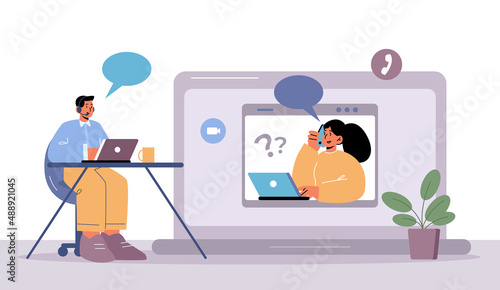 Customer support service, online help. Technical specialist solve client problems via internet. Operator staff in headset work on computer at hotline call center helpdesk, Line art vector illustration