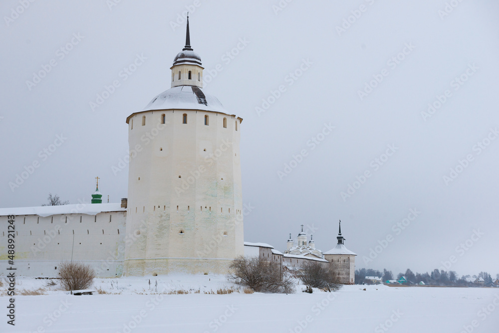 Ancient Belozerskaya (Bolshaya Merezhennaya) tower of Kirillo-Belozersky monastery in winter landscape. Kirillov. Vologda region, Russia