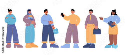 Group of multiracial people, business team, students or office workers. Vector flat illustration of diverse men and women characters with briefcase, phone and clipboard