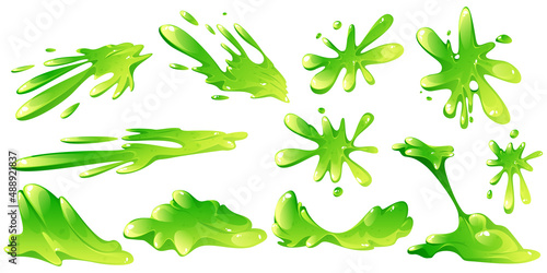 Green slime isolated vector set. Liquid toxic ooze blobs, stains, splashes and dripping. Sticky goo, jelly or syrup fluid splats, slimy phlegm or snot graphic design elements, Cartoon illustration