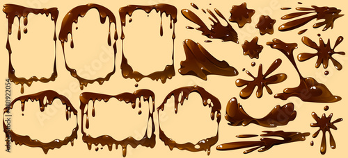 Melt chocolate drips, frames, splashes and sports isolated set. Melted dripping of dark or milk choco sauce, brown cream or syrup borders, liquid cocoa food elements, Cartoon vector illustration