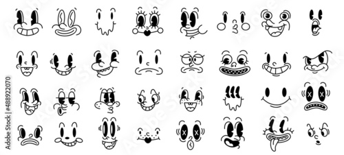 Retro 30s cartoon and comics characters faces. Traditional emotions vector elements. Vintage characters creator for trending illustration. photo