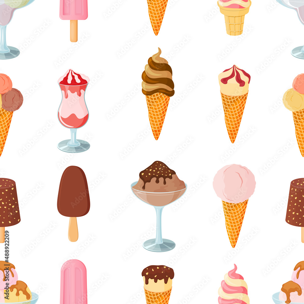 Seamless ice cream pattern .Sweet summer dessert.Vector illustration.A set of ice cream with different flavors, textures and fillers. Seamless ice cream pattern .Sweet summer dessert.Vector illustration.A set of ice cream with different flavors, textures and fillers.