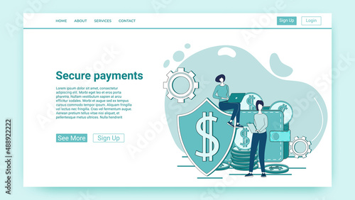 Secure payments.Using antivirus programs.Secure transfers of funds.An illustration in the style of a green landing page.