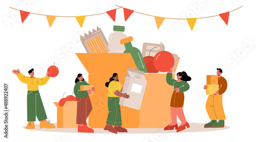 People donate food filling cardboard donation box with different products to help for poor persons in shelter. Tiny volunteers charity, hunger reduce, support, social care Line art vector illustration