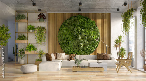 Vertical Green Wall in a living room interior, 3d render 