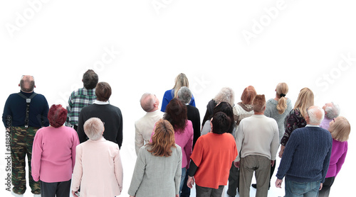 group of diverse elderly people reading an ad on a white screen