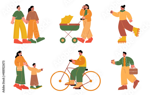 Set of people walk, outdoor summer activities. Isolated characters holding hands walking together, mother with baby in stroller and toddler, rollerblading, riding bicycle, Line art vector illustration