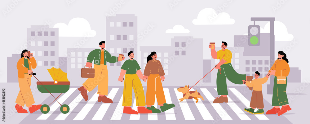 People walk on pedestrian crosswalk. Vector flat illustration of cityscape with car road, traffic light, buildings and characters with dog, baby carriage, kid, businessman and couple
