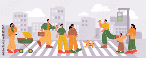 People walk on pedestrian crosswalk. Vector flat illustration of cityscape with car road, traffic light, buildings and characters with dog, baby carriage, kid, businessman and couple