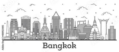 Outline Bangkok Thailand City Skyline with Modern and Historic Buildings Isolated on White.