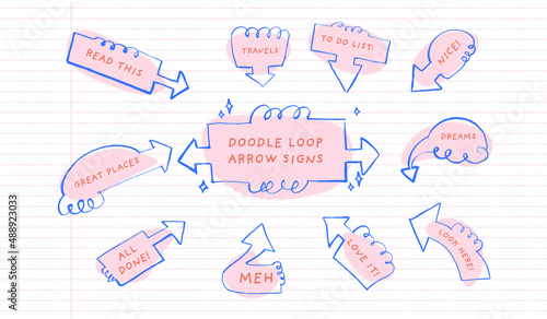 A collection of cute hand-drawn doodle signs with arrows against a lined notepad page. Great for playful infographics and social media posts.