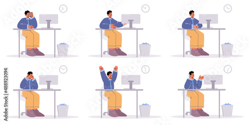 Office worker sitting at desk with computer with different face expressions. Vector flat illustration of man employee busy, happy, angry, sad, worry and think