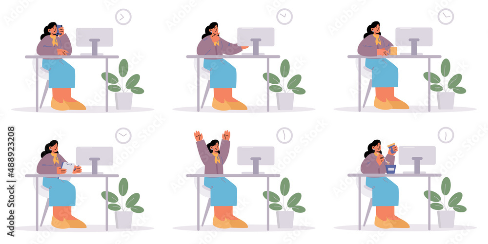 Woman worker sitting at desk with computer in office. Vector flat illustration of girl employee with different expressions, happy, pensive, use phone, eat food, with coffee and clipboard