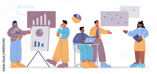 Diverse people team work with analytic data on dashboard with graphs and charts. Vector flat illustration of business analysis, teamwork of multiracial employees
