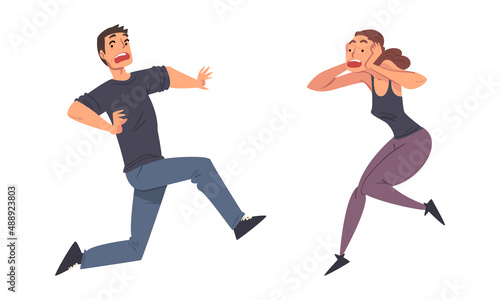 Frightened and panicked people set. Emotional stressed man and woman cartoon vector illustration
