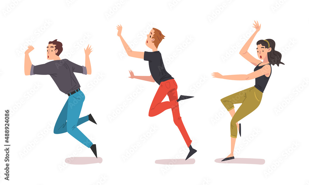 Set of falling people. Slipping men and woman with frightened face expression cartoon vector illustration