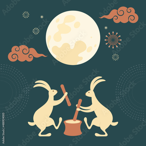 East Asian folklore illustration. Rabbits pounding with a mortar and pestle, full moon. Viewing moon , mid autumn