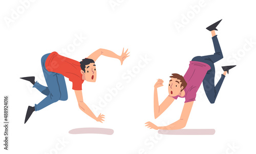 Young men falling down set. Stumbling and slipping people, pain and injury cartoon vector illustration