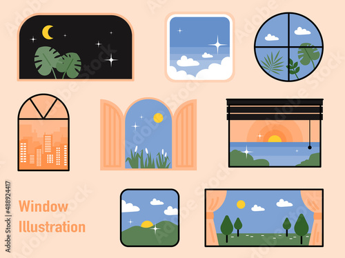 A collection of different window frames. There is a landscape outside the window. flat design style vector illustration.