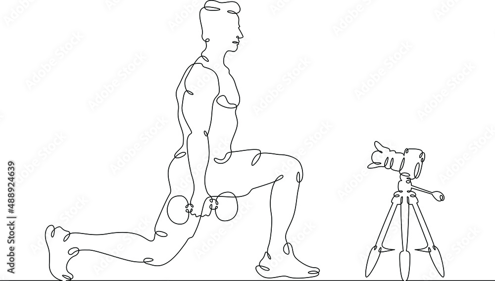 Fitness blogger leads a workout.One continuous line.Blogger male character. Internet blogging, online broadcasting.Continuous line drawing.Line Art isolated white background.