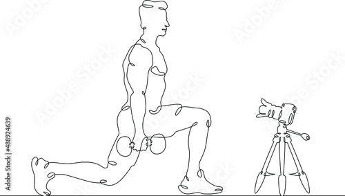 Fitness blogger leads a workout.One continuous line.Blogger male character. Internet blogging, online broadcasting.Continuous line drawing.Line Art isolated white background.