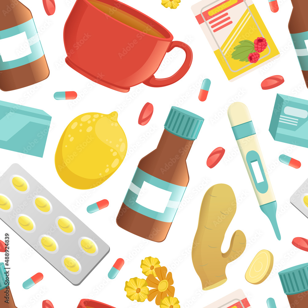 Cold and Flu Remedy with Pills and Medicine Vector Seamless Pattern Template