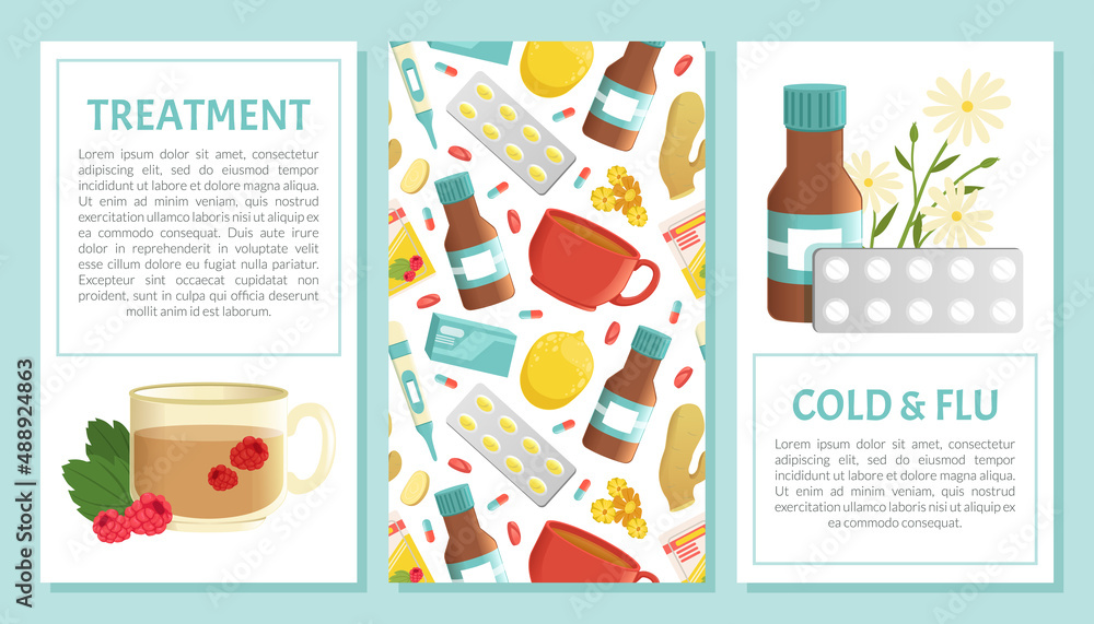 Cold and Flu Remedy with Pills and Medicine Vertical Card Vector Template