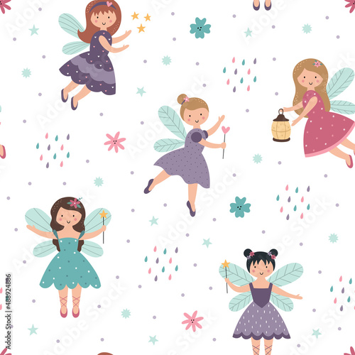 Cute cartoon fairies with magic wands and wings. A fun seamless pattern with beautiful girls. Vector illustration