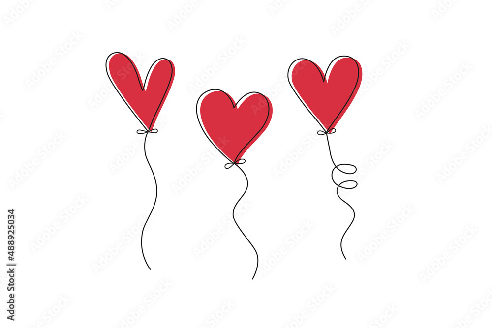 Set of 3 red heart-shaped balloons, individual hand drawn shapes with ribbons and offset black outlines. Valentine's Day romantic heart balloons.