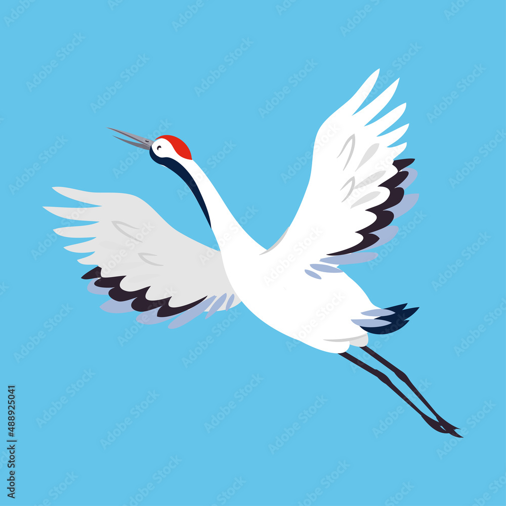 Obraz premium Red Crowned Crane as Long-legged and Long-necked Bird Flying with Spread Wings on Blue Background Vector Illustration