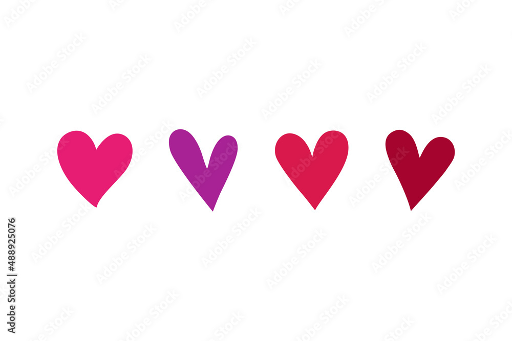 4 simple hearts for Valentine's Day, love, romantic projects. Red, pink and purple hand drawn heart shapes.