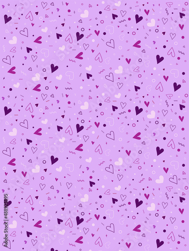 Purple heart variety background with pattern of pink, purple and white hand drawn hearts. Pretty, cute wallpaper for Valentine's Day, birthday celebrations, parties