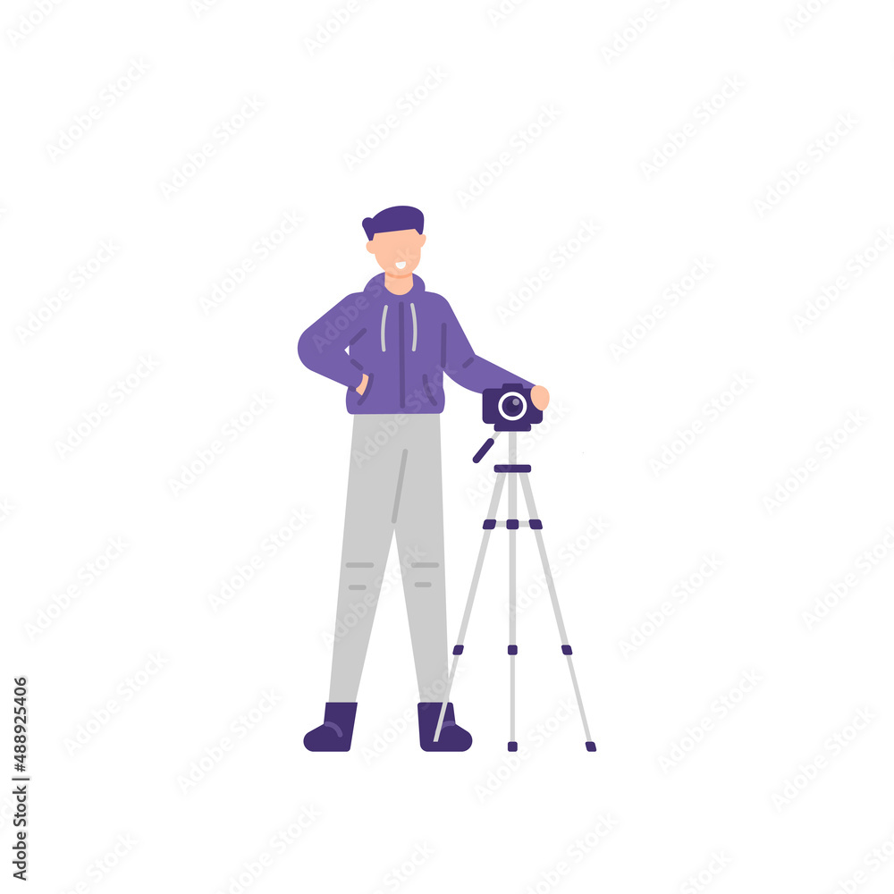 illustration of man standing next to camera. photographer, freelance, worker. profession and work. flat cartoon style. vector design. ui, element