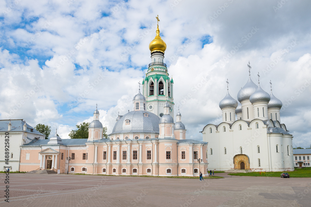 Ancient Cathedrals of the Resurrection of Christ and St. Sophia on the Kremlin Square on August afternoon. Historical center of Vologda. Russia