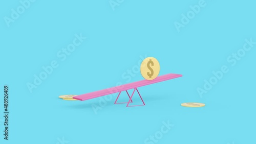 Golden coin with symbol of dollar swinging on pink swing. Static camera track coin on swing. Looped animationn photo