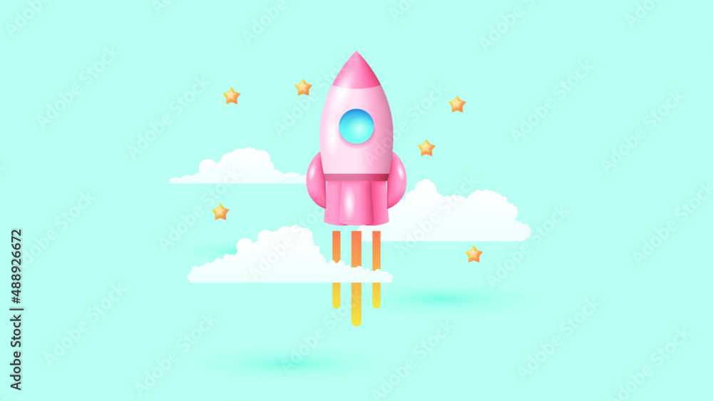 Abstract 3D Pink Mesh Gradient Spaceship Rocket With Clouds And Stars Template Vector Design Style Isolated On Background Abstract 3D Pink Mesh Gradient Spaceship Rocket With Clouds And Stars Template Vector Design Style Isolated On Background