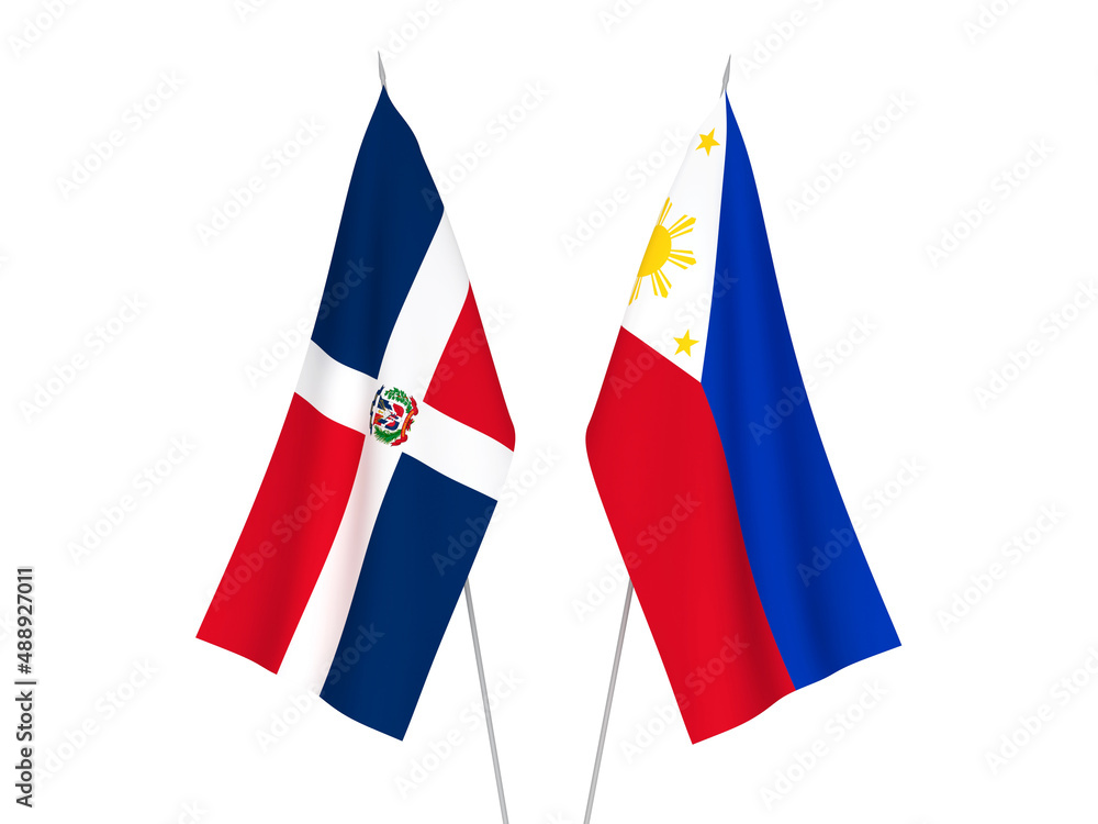 National fabric flags of Philippines and Dominican Republic isolated on white background. 3d rendering illustration.