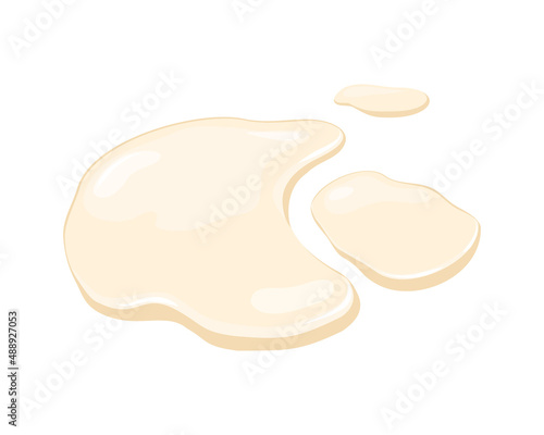 Spilling mayonnaise, sauce on white isolated background. Puddle of beige liquid. Vector cartoon illustration.
