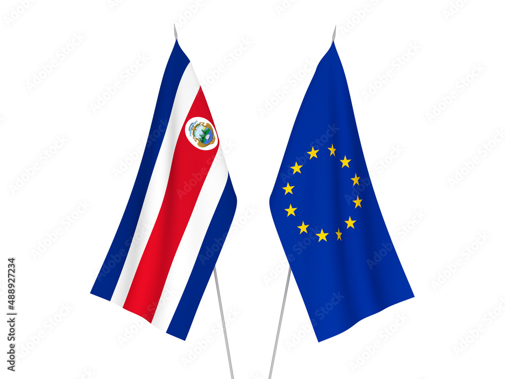 National fabric flags of European Union and Republic of Costa Rica isolated on white background. 3d rendering illustration.