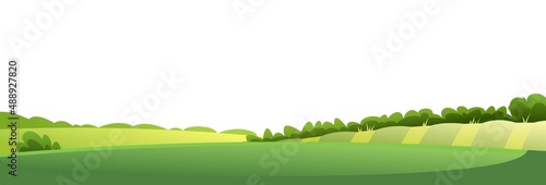 Nearby meadow. Rural landscape. Garden hills with beds. Horizontal village nature illustration. Cute country view. Flat style. Isolated on white background. Vector