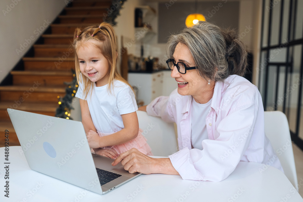 Child and granny looking at the camera with laptop Child and granny looking at the camera with laptop