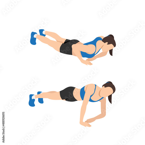 Woman doing Asymmetrical push up exercise. Flat vector illustration isolated on white background