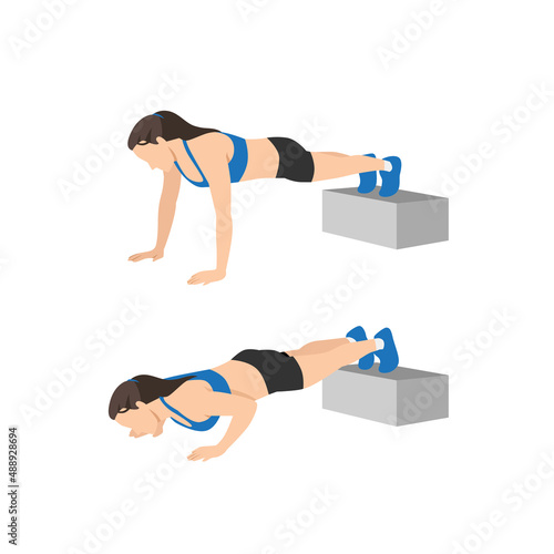 Woman doing decline push up exercise. Flat vector illustration isolated on white background
