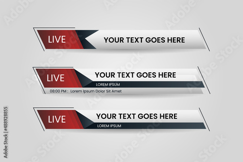 Set of bundle lower third vector design banner with red and black shape strip color. Modern broadcast news lower for TV Bars, Breaking, Sport, Video Channel, Interface Sign. Vector illustration.