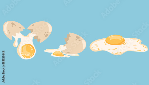 Broken eggs and scrambled eggs. Poultry farming. Yolk, albumen, eggshell. Healthy food. Perfect for printing restaurant menus and posters. Hand Drawn Cartoon Vector illustration