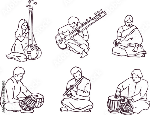 Indian musician playing traditional musical instruments. Vector silhouette set