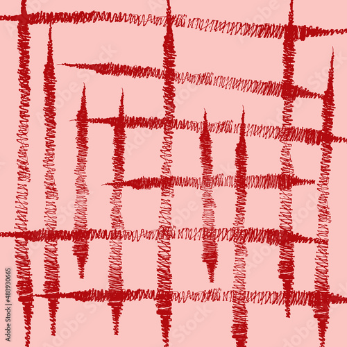 Vector seamless pattern with red ink stripes on pink background. Monochrome hand drawn texture
