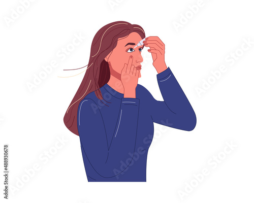 Woman putting eye drops in her eyes pulling lower eyelid with hand. Daily eye hygiene care, prevention of dryness, allergy, elimination of pain and fatigue. Flat vector illustration isolated on white